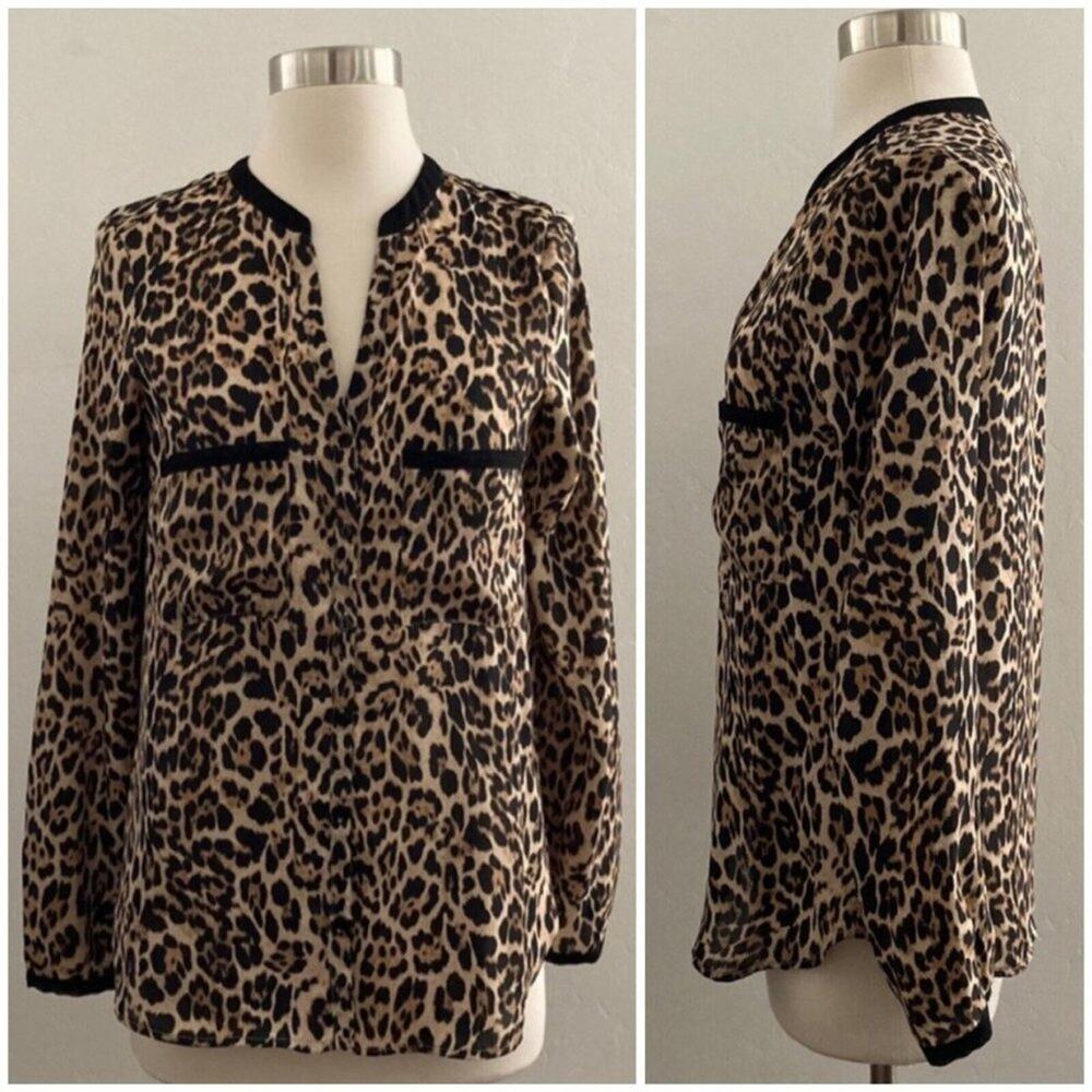 Zara Leopard Print Top Women's XS Button Up Long Sleeve Modest Office Animal
